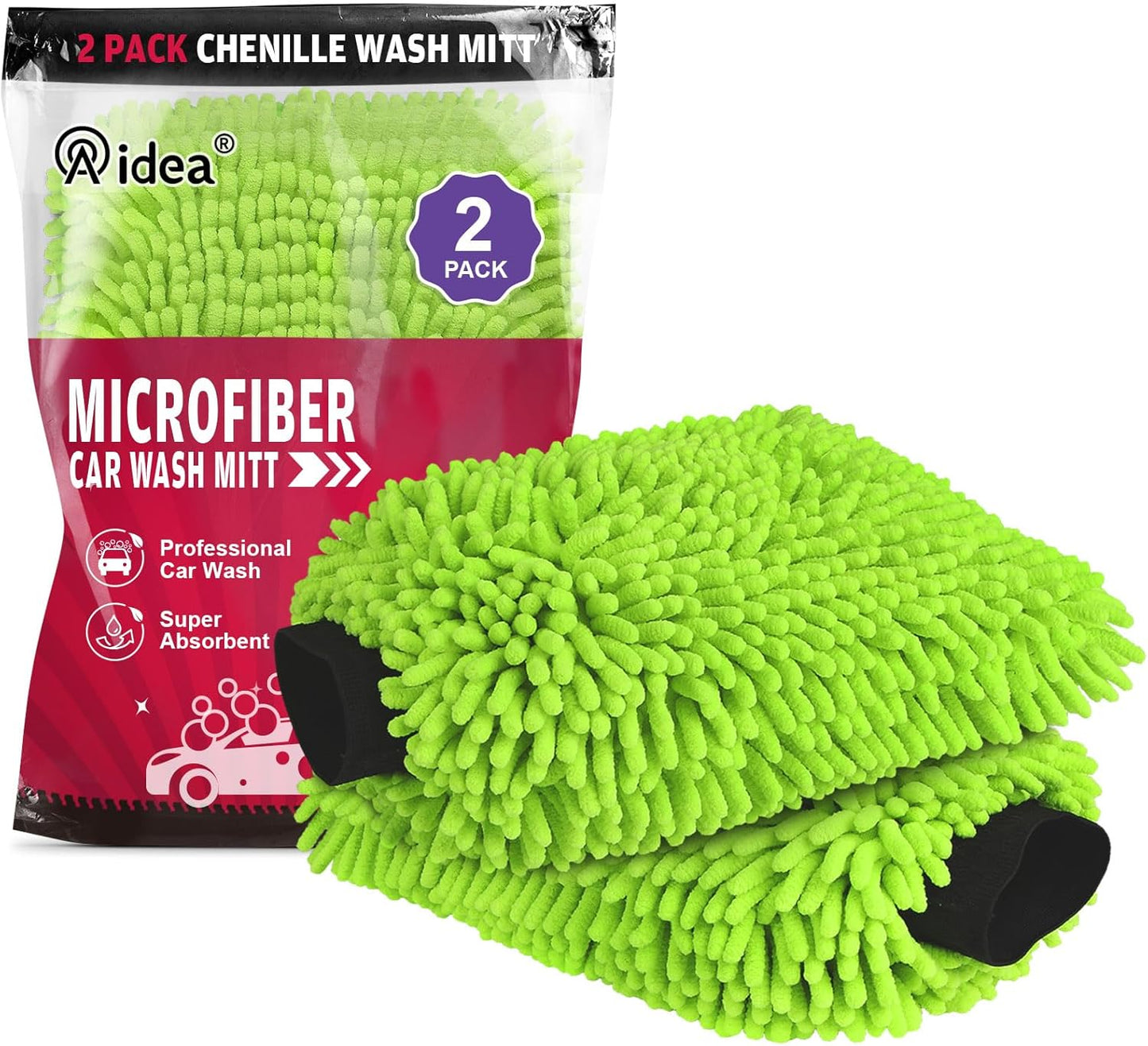Car Wash Mitt Microfiber, 2PK Scratch Free Lint-Free, Premium Chenille Microfiber Mitt Car Wash Brush, Green, Regular Size 7.12''X10.14''