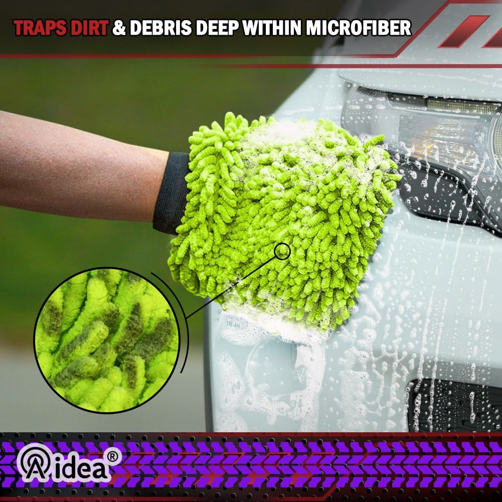 Car Wash Mitt Microfiber, 2PK Scratch Free Lint-Free, Premium Chenille Microfiber Mitt Car Wash Brush, Green, Regular Size 7.12''X10.14''