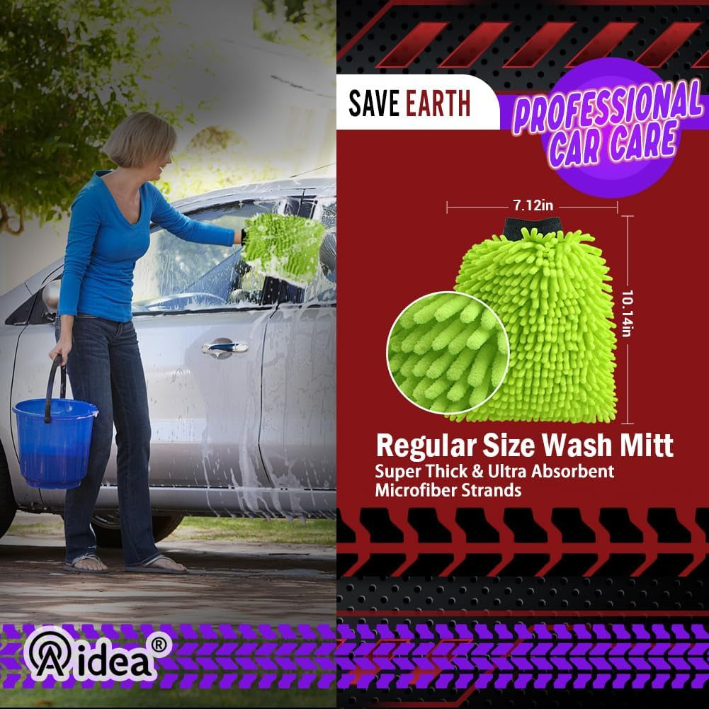 Car Wash Mitt Microfiber, 2PK Scratch Free Lint-Free, Premium Chenille Microfiber Mitt Car Wash Brush, Green, Regular Size 7.12''X10.14''