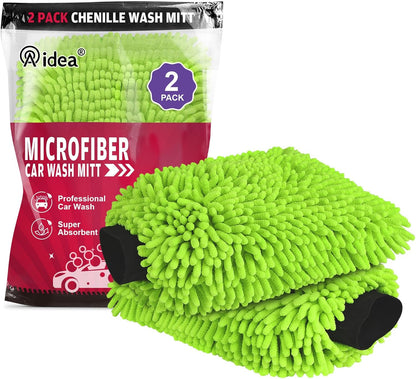 Car Wash Mitt Microfiber, 2PK Scratch Free Lint-Free, Premium Chenille Microfiber Mitt Car Wash Brush, Green, Regular Size 7.12''X10.14''