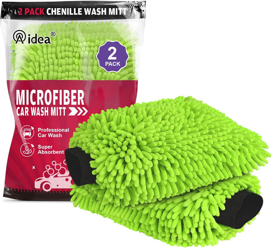 Car Wash Mitt Microfiber, 2PK Scratch Free Lint-Free, Premium Chenille Microfiber Mitt Car Wash Brush, Green, Regular Size 7.12''X10.14''