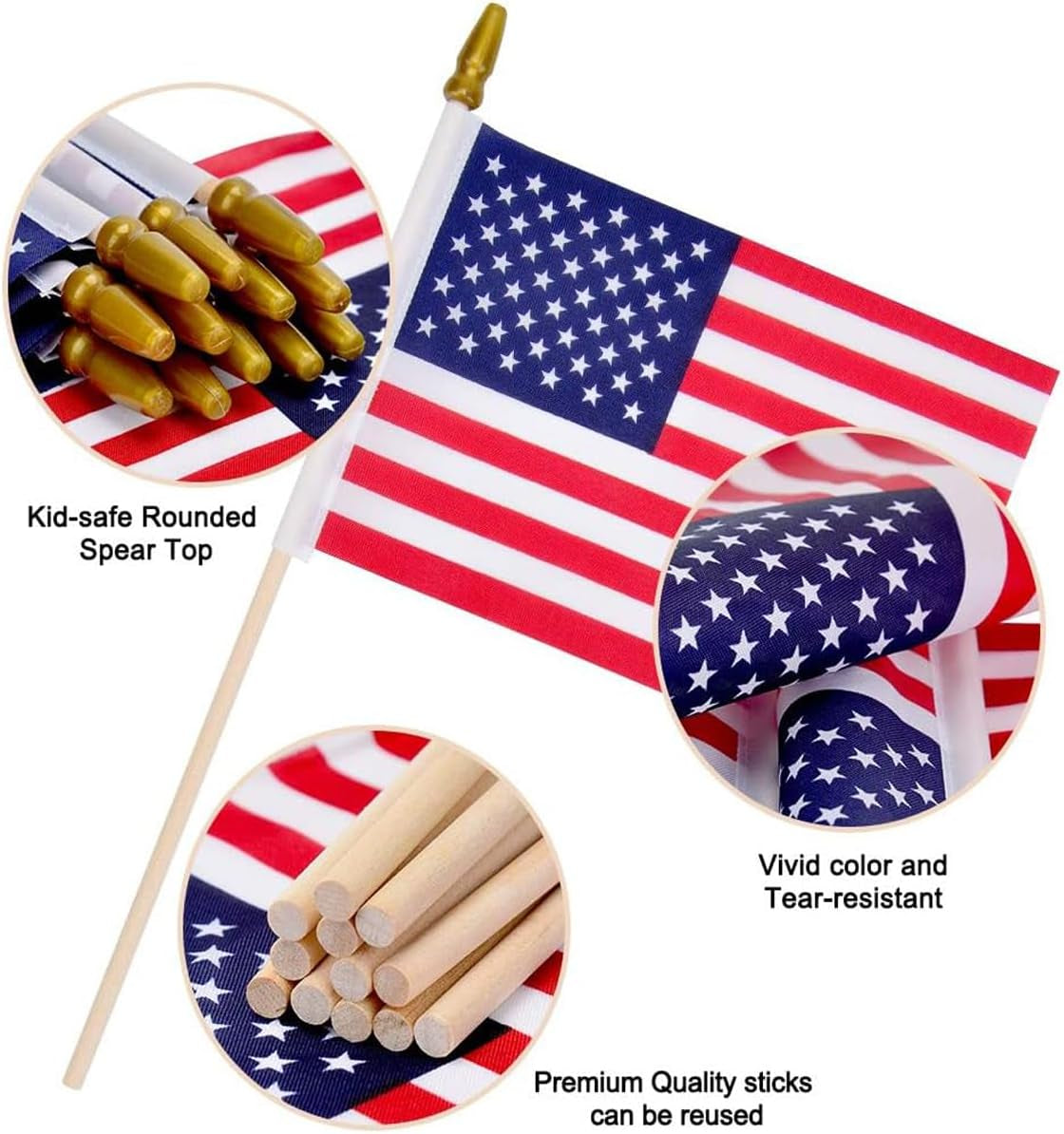 12 Pcs 4X6 Inch American Flags on Sticks, Mini Handheld US Flags Stick with Solid Wooden Pole Safety Spear Tip for Yard, Memorial Day, Independence Day Decoration,4Th of July Outdoor Decor