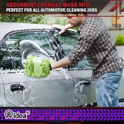 Car Wash Mitt Microfiber, 2PK Scratch Free Lint-Free, Premium Chenille Microfiber Mitt Car Wash Brush, Green, Regular Size 7.12''X10.14''