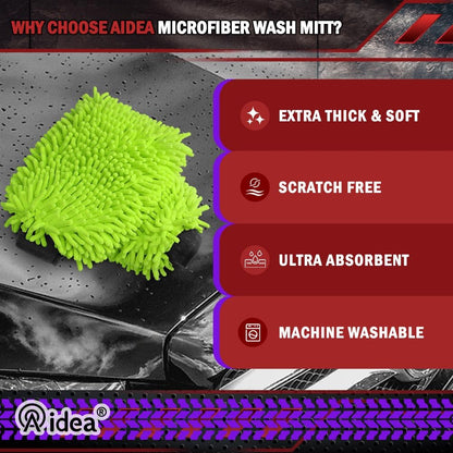 Car Wash Mitt Microfiber, 2PK Scratch Free Lint-Free, Premium Chenille Microfiber Mitt Car Wash Brush, Green, Regular Size 7.12''X10.14''
