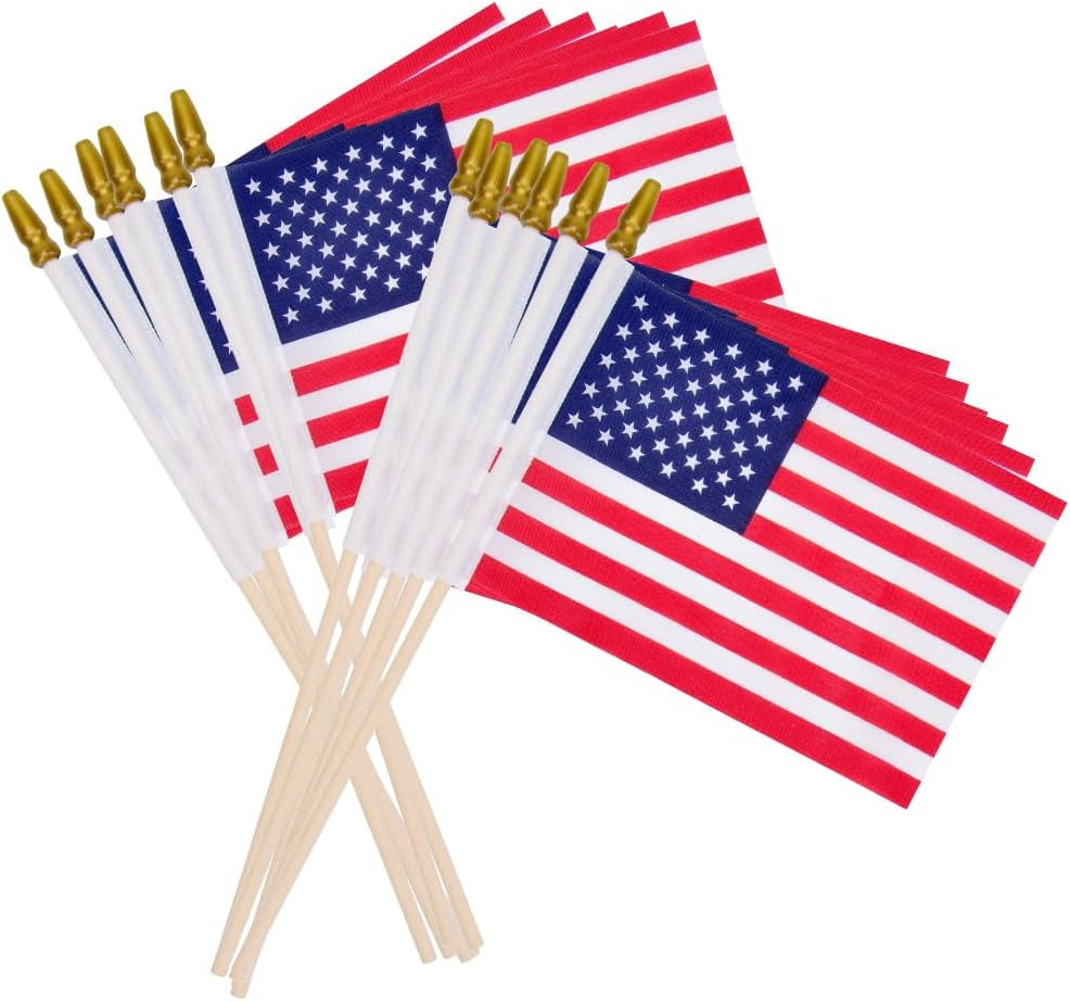 12 Pcs 4X6 Inch American Flags on Sticks, Mini Handheld US Flags Stick with Solid Wooden Pole Safety Spear Tip for Yard, Memorial Day, Independence Day Decoration,4Th of July Outdoor Decor