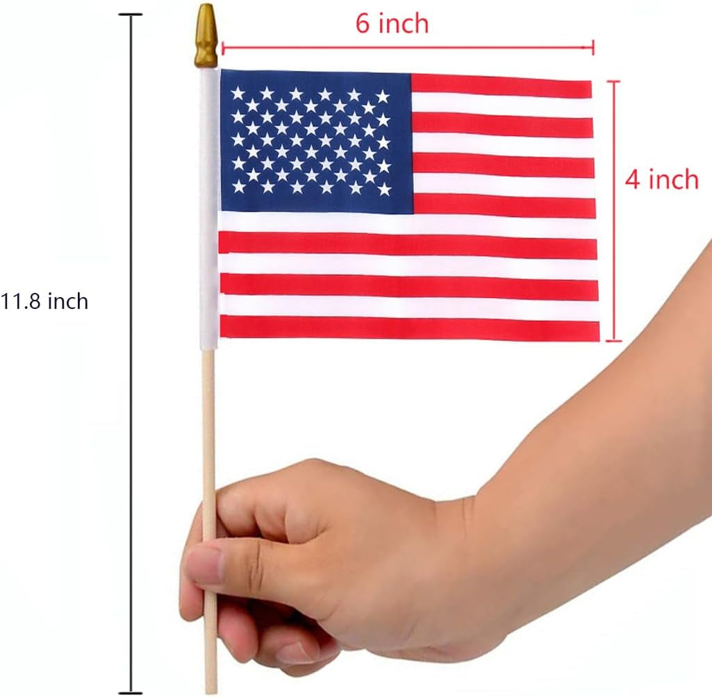 12 Pcs 4X6 Inch American Flags on Sticks, Mini Handheld US Flags Stick with Solid Wooden Pole Safety Spear Tip for Yard, Memorial Day, Independence Day Decoration,4Th of July Outdoor Decor